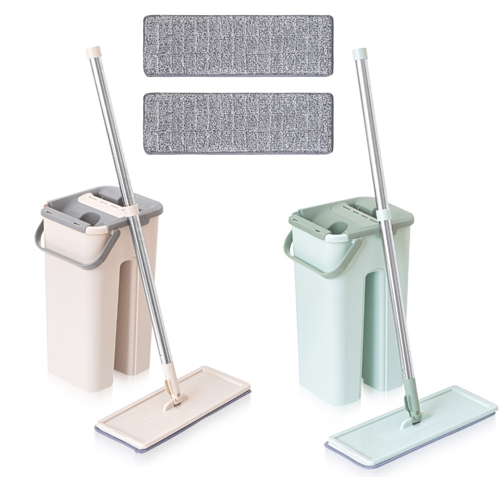 Green Includes 2 Washable Microfiber Mop Pads Dual Wash & Dry Cleaning Bucket Nitaar Flat Mop and Bucket Set 